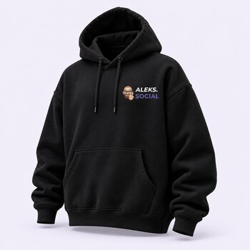 Schwarzer Hoodie mit Aleks.social Logo – fiktives Dummy-Design